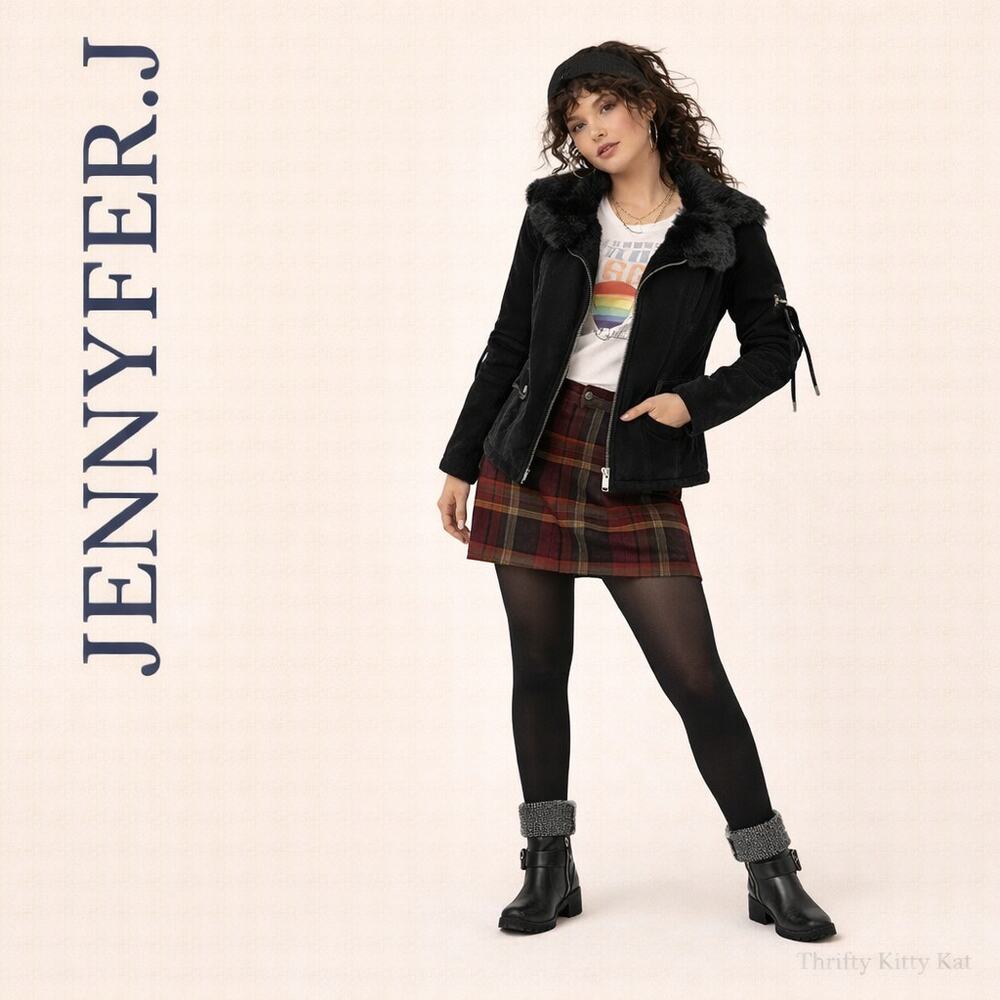 Jennyfer.J Corduroy Jacket Rabbit Fur Trim Zip Front Cinched Waist Black Y2K M
